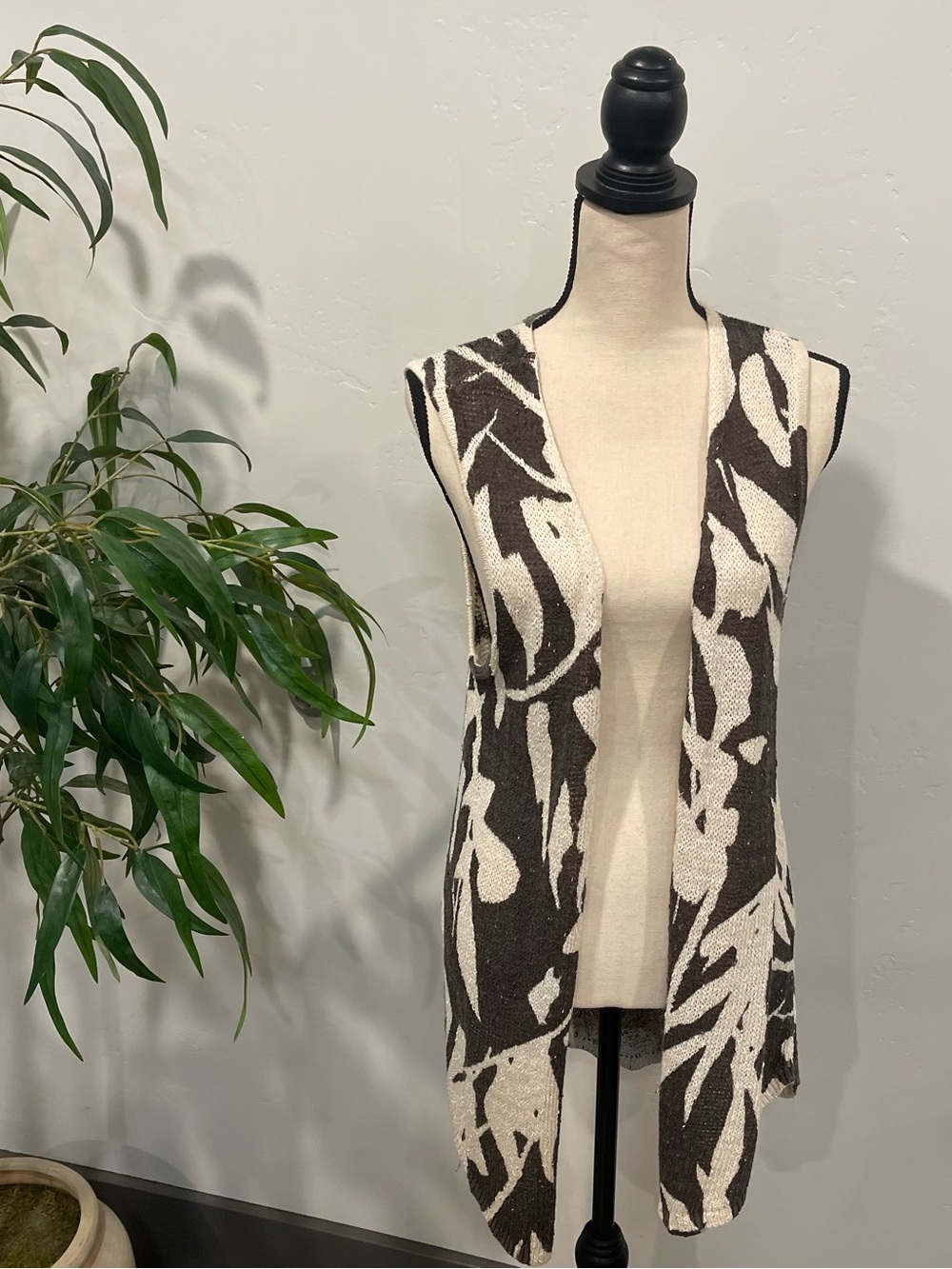 Chico’s Tunic Open Front Cardigan Sweater Ivory/Brown Size 2 Sz L